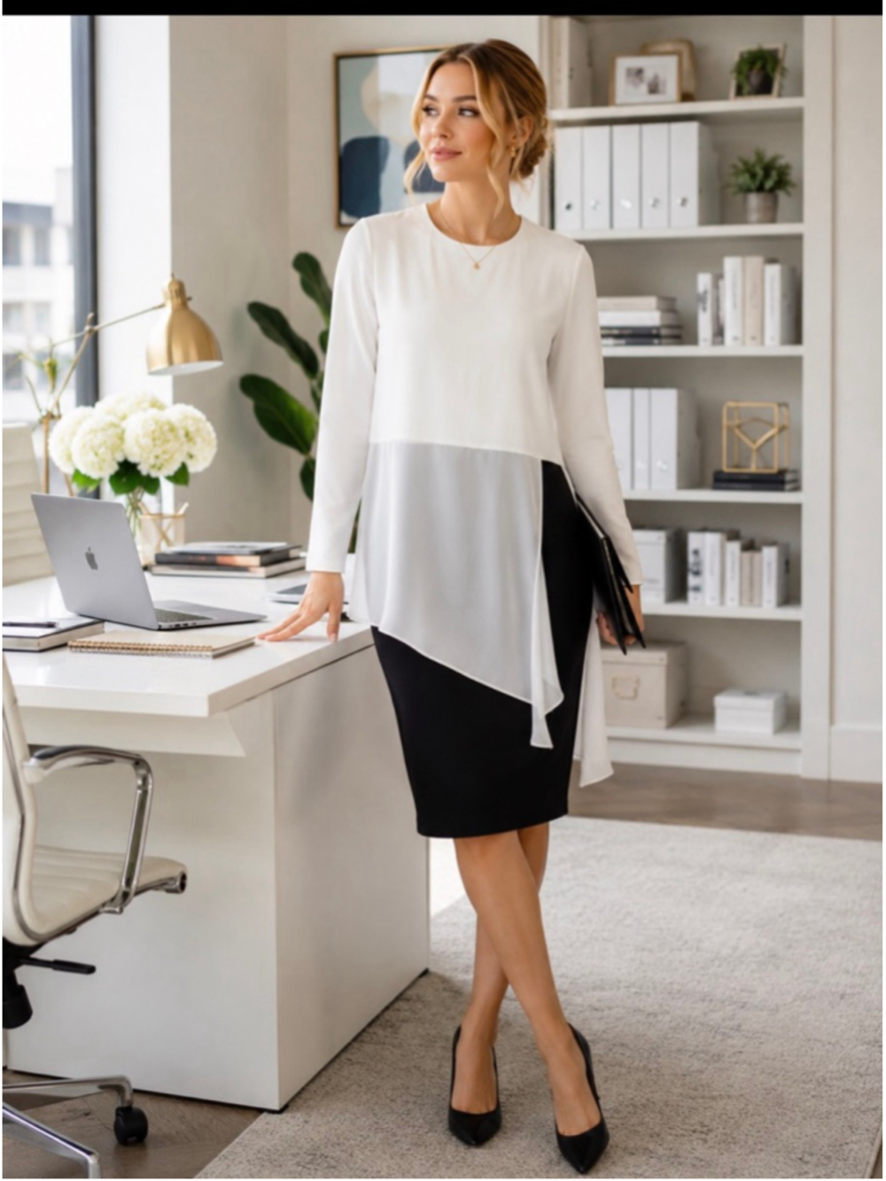 Women's Ava Lea White Ponte Chiffon Asymmetrical Tunic Top Size L